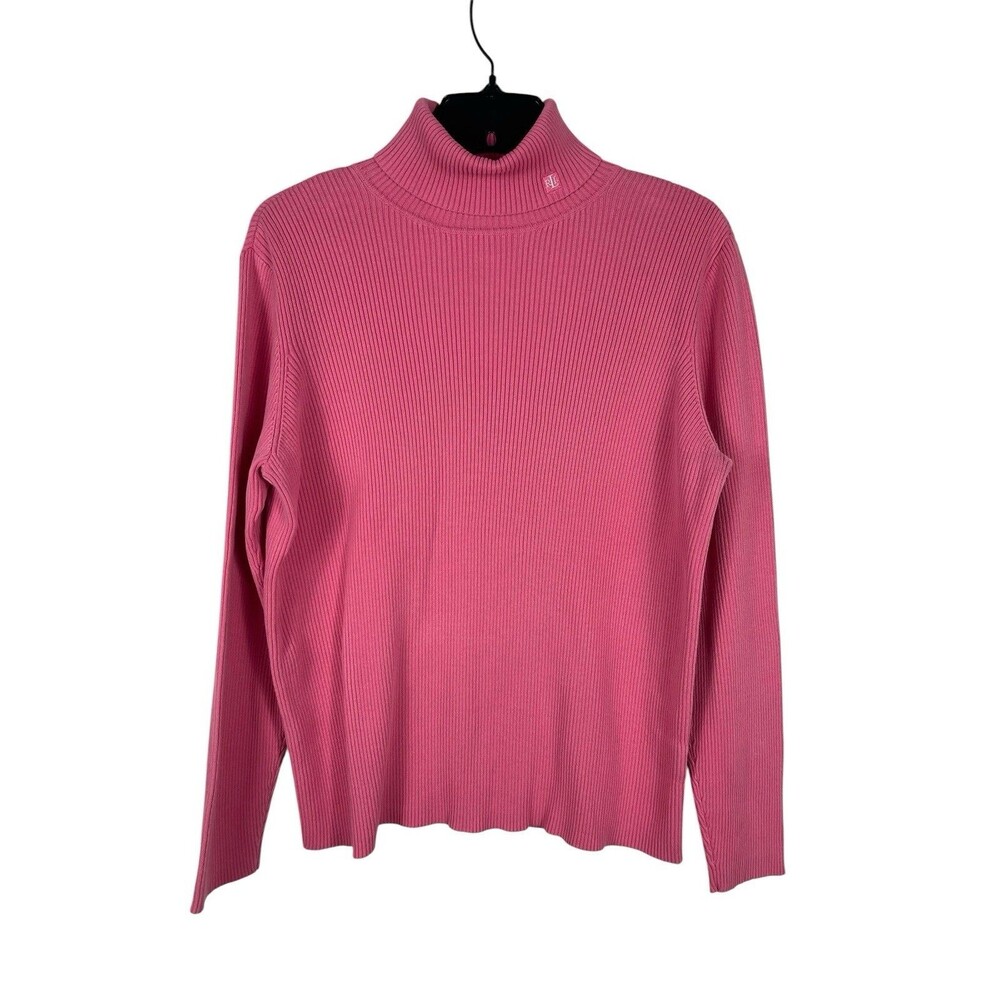 Lauren Ralph Lauren Sweater XL Pink TurtleNeck Ribbed Knit LRL Logo Pullover